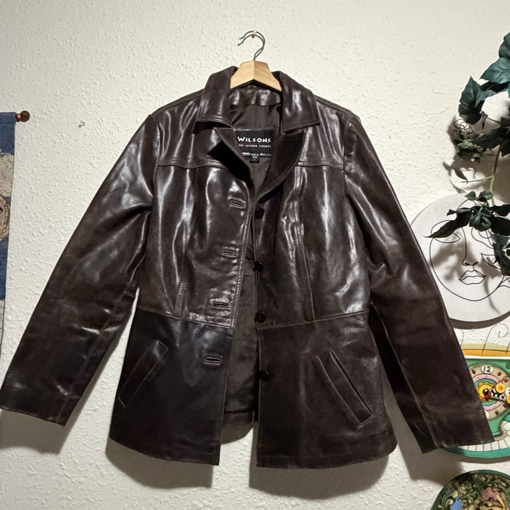 Vintage Wilsons‎ Leather Jacket Women's Large Heavy Pea Coat Chocolate Brown